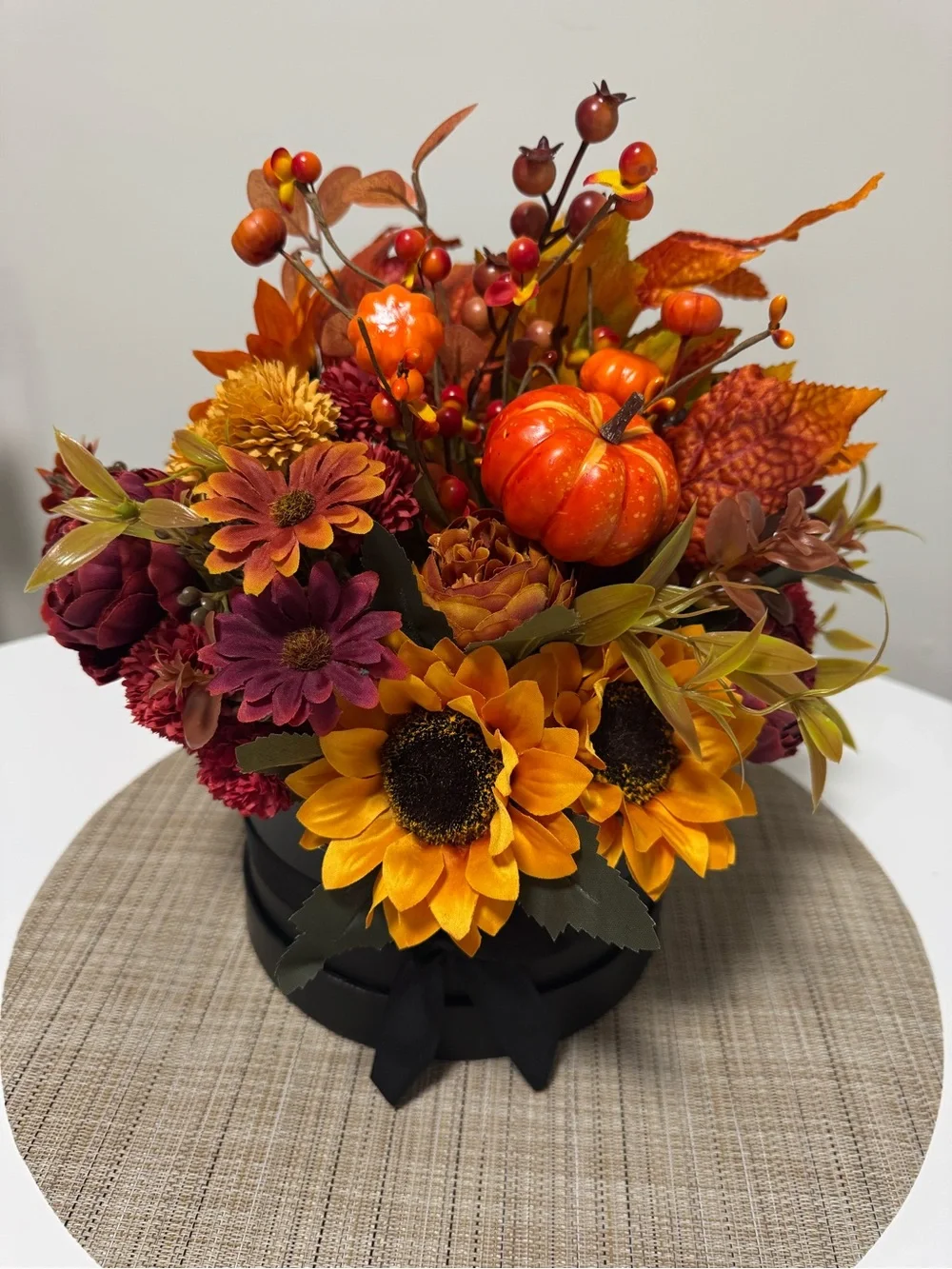 Autumn Harvest Sunflower & Pumpkin Floral Arrangement - Orange